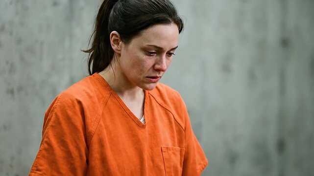 A sad woman wearing an orange uniform looks down in sorrow