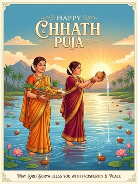 Festive Chhath Puja Cultural Background with Hindu Rituals