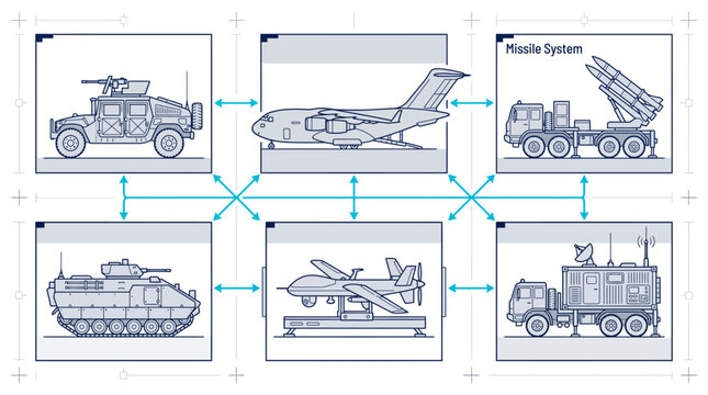 Military Logistics Network Diagram Vector, Army Defense Vehicles and Technology Blueprint Infographic Line Art Illustration