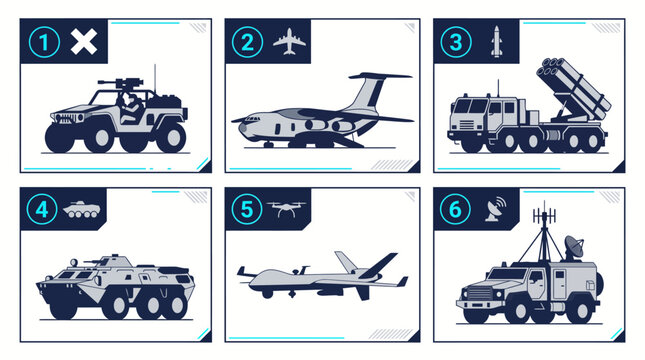 Futuristic military vehicles and tactical mobility icon set with light combat buggy, transport aircraft, MLRS rocket launcher truck, armored APC, UAV drone, and mobile radar communication vehicle.