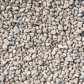 White gravel stones texture background, seamless heap of natural crushed limestone fragments, light grey industrial mineral aggregate construction ballast pile surface