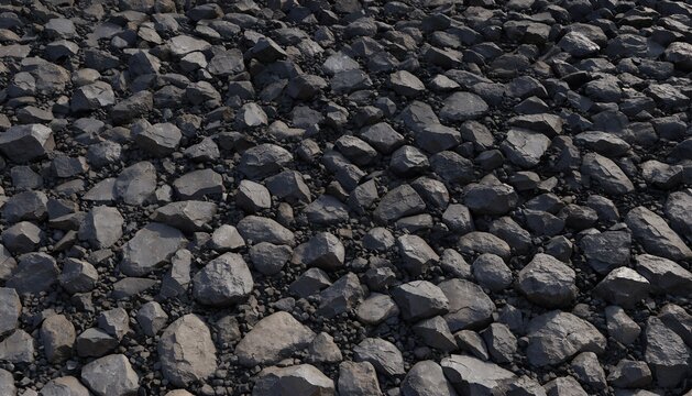 Dark gray gravel stones texture background, heap of natural crushed black rock fragments, industrial mineral aggregate gravel pile surface
