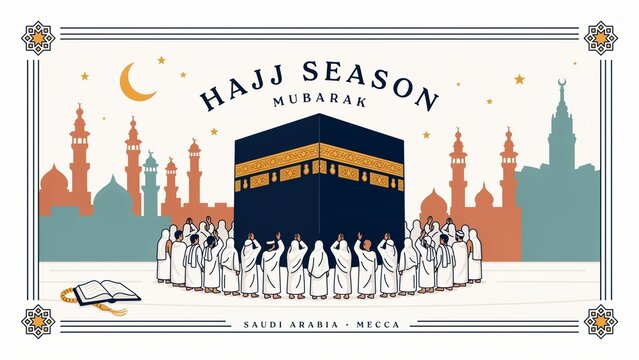 Hajj season mubarak with kaaba and pilgrims in mecca, saudi
