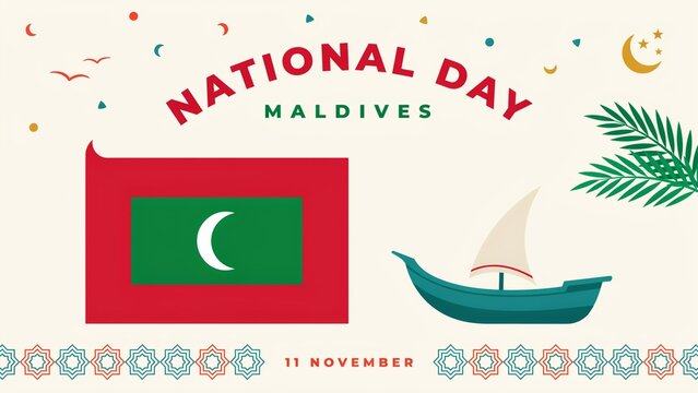 National day maldives poster with traditional boat and maldivian flag