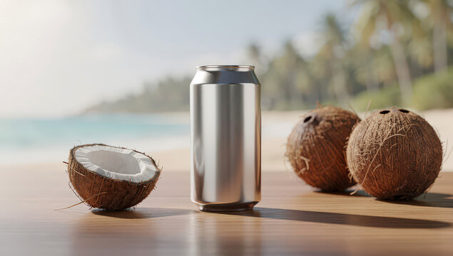 blank metallic beverage can with coconuts on wooden table tropical beach background product mockup