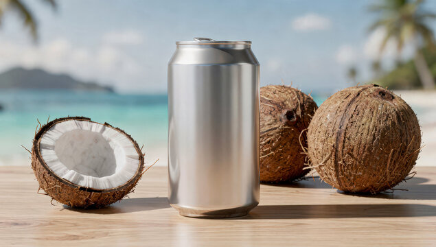 blank metallic beverage can with coconuts on wooden table tropical beach background product mockup