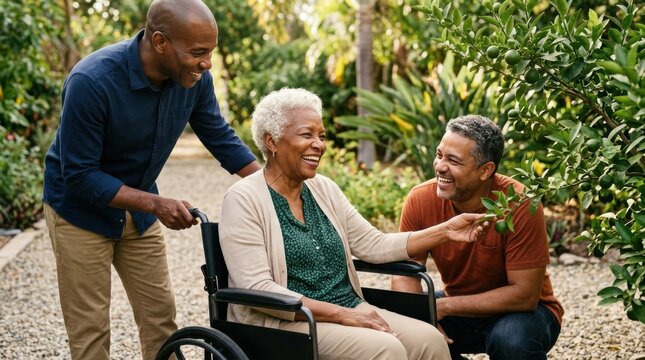 Laughing Black grandmother seated in a wheelchair reaches toward citrus while two sons share the moment, illustrating multigenerational affection, accessible gardening and vibrant senior wellbeing