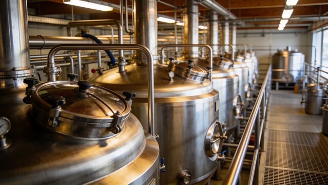 Modern brewery showcasing polished fermentation tanks in a hygienic beer production facility.