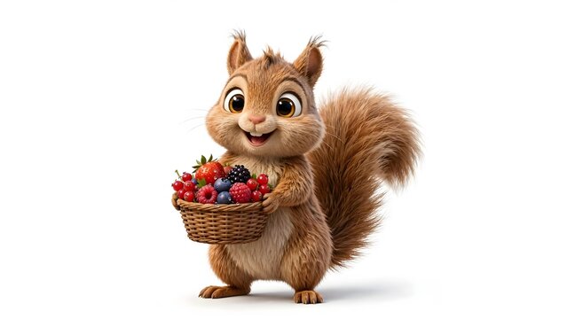 Adorable squirrel carrying a basket filled with berries, isolated on a white background. Cute 3D cartoon woodland character.