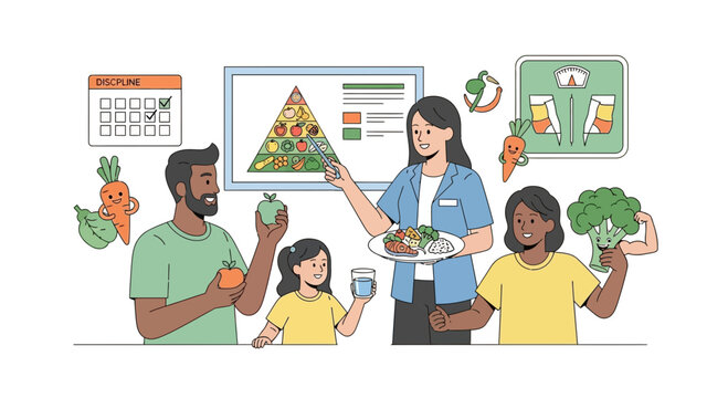Healthy family eating nutritious food and learning about diet plan pyramid