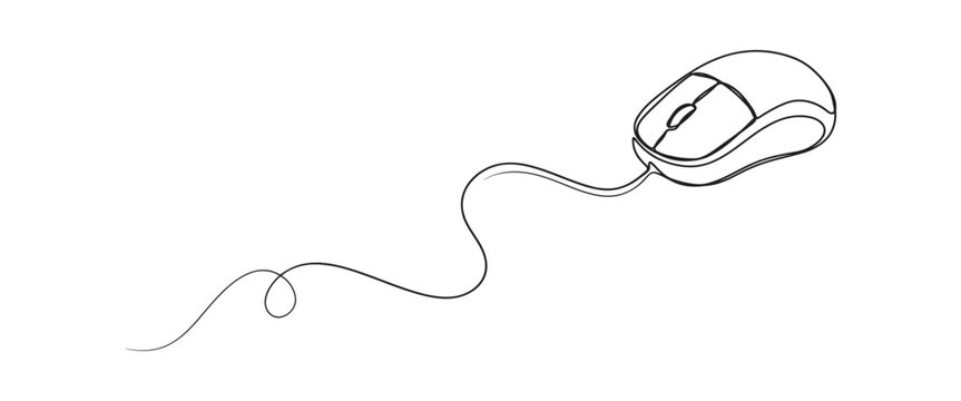 Computer mouse line art illustration with long tangled wired cable computer peripheral