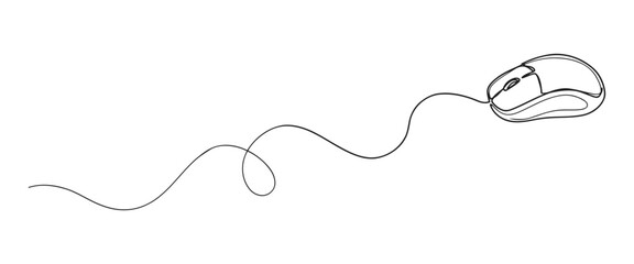Obraz premium Computer mouse line art graphic with tangled wired cable computer peripheral technology