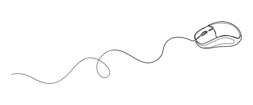 Computer mouse line art graphic with tangled wired cable computer peripheral technology