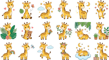 Obraz premium Cute Baby Giraffe Vector Character Set with Tropical Leaves, Flowers, and Butterflies for Children Nursery Decor, Stickers, and Birthday Cards