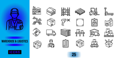Warehouse and logistics icons set with forklift truck, pallet, box, warehouse © Top Stock