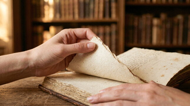 Hand turning old book pages in library, knowledge and history concept