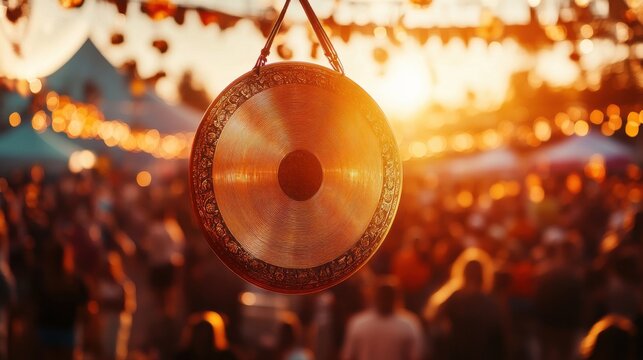 Bronze gong suspended during a musical performance outdoors