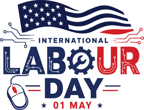 International Labour Day celebration badge with waving flag, work tools and May 1 design