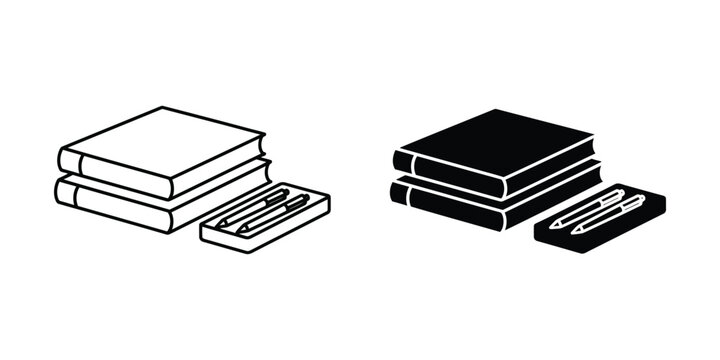 Books stack and pencil case icon set in simple vector style