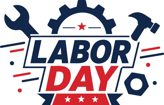 Labour Day badge featuring wrench, hammer and gear for worker celebration design