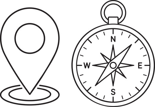 Location pin and compass outline icons for navigation and travel vector collection