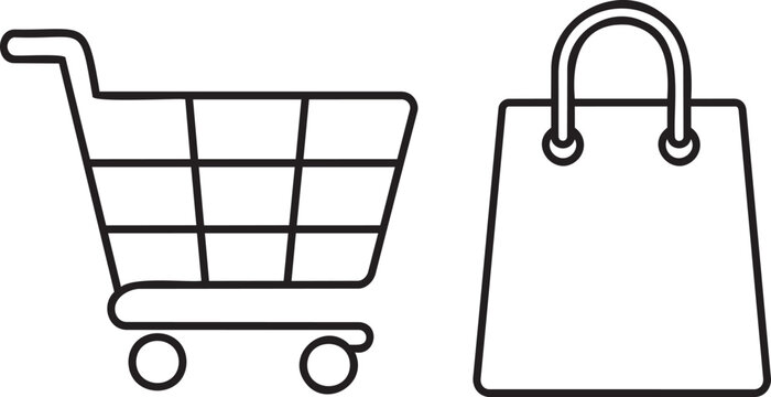 Shopping cart and paper bag outline icons for retail and ecommerce vector collection