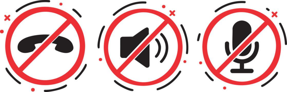 Mute, microphone off and no sound prohibition outline icon collection isolated set