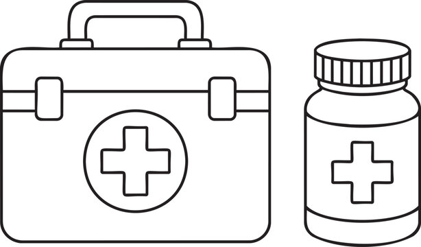 First aid kit and medicine bottle outline icons for healthcare medical vector design