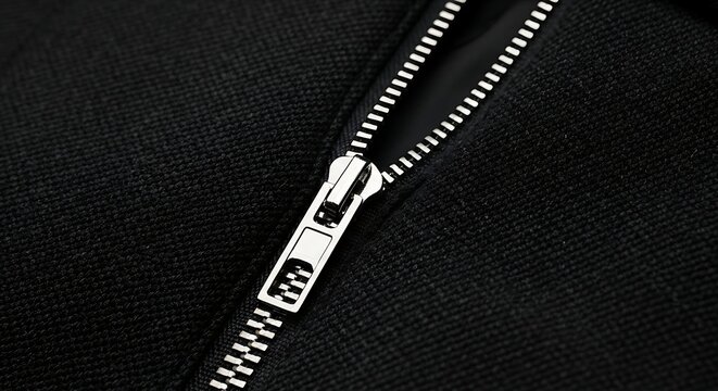 Metal Zipper On Black Fabric Close Up
