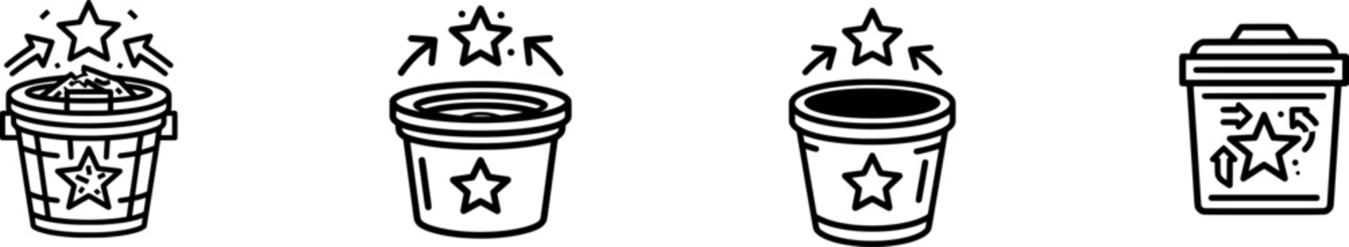 A minimalist linear outline icon of a compost bin with arrows and decomposition stars, set against a clean dark line style on a pure white void background