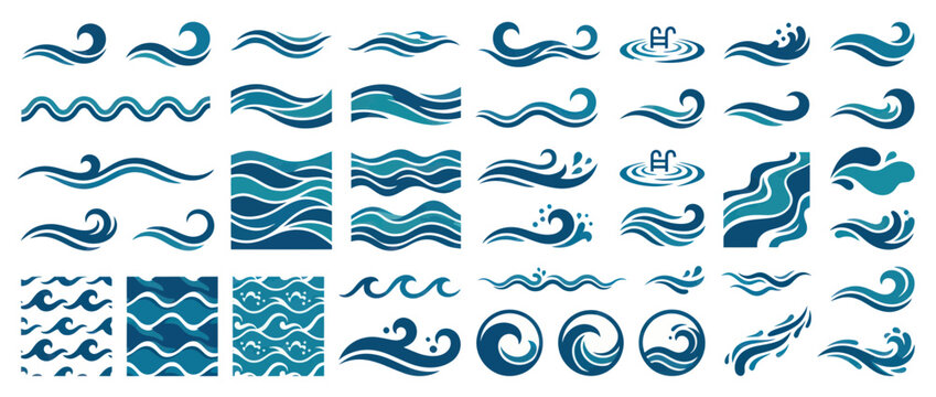 Collection of Stylized Water Wave Icons and Seamless Patterns
