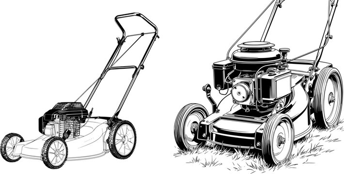 This powerful push lawnmower features a robust engine and durable wheels designed for efficient lawn maintenance in various outdoor settings