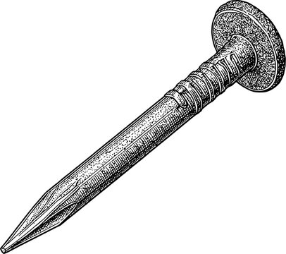 A steel roofing nail with a pointed tip and textured shank is used in construction environments to secure metal sheets
