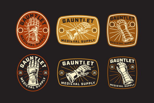Medieval armored hands and gauntlets retro badge design for fantasy gaming. Set collection of vintage medieval knight gauntlets badge. Medieval rustic emblem logo with armor, gauntlets illustration