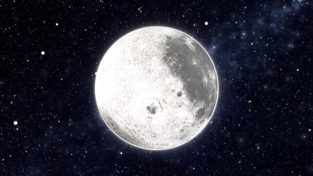 Realistic animation of the bright full moon rotating and zooming in against a dark starry galaxy deep space background for scifi cinematic videos