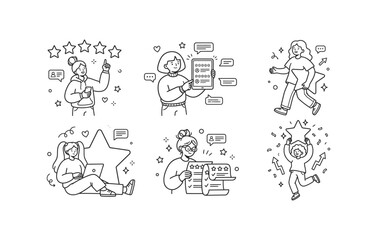Fototapeta premium Customer review rating and user feedback survey vector illustration line icon set