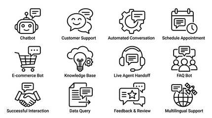 Fototapeta premium Chatbot and Customer Service Technology Outline Icons Set - Digital Support Line Art