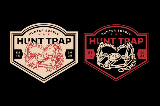 Foothold hunting retro badge design for survival. Set collection of vintage Steel hunting trap badge. Wildlife hunting gear rustic emblem logo with Bear trap illustration
