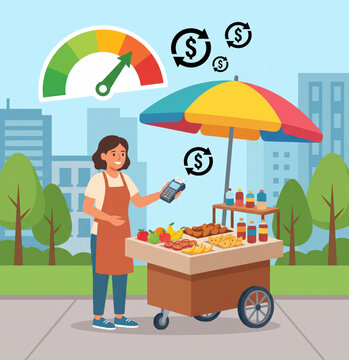 Street vendor microloan; BNPL for inventory; thin‑file score from wallet data, telco, rent, open banking cash‑flow.