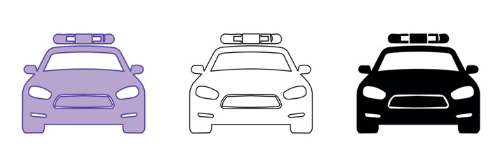 Police car icons in purple, outline, and black silhouette styles © Ophelia