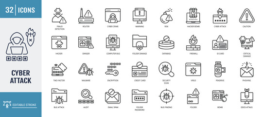 Cyber attack icon set. including Hacking, Data Breach, Malware Attack, Ransomware, Phishing, and more. outline icon set. vector illustration with editable stroke © Control New