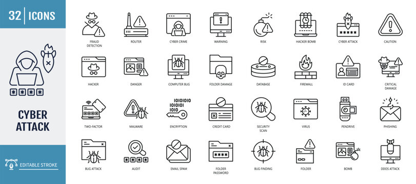 Cyber attack icon set. including Hacking, Data Breach, Malware Attack, Ransomware, Phishing, and more. outline icon set. vector illustration with editable stroke