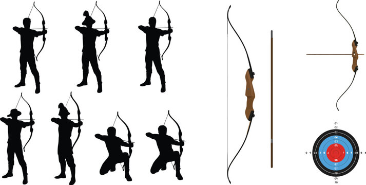 Set of archery silhouettes with recurve bow and arrow icons for sports design and target practice vector graphics