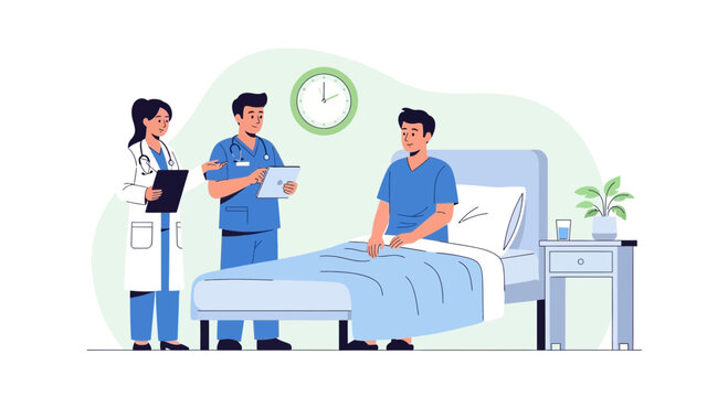Doctor and nurse attending to patient in hospital room, medical care illustration