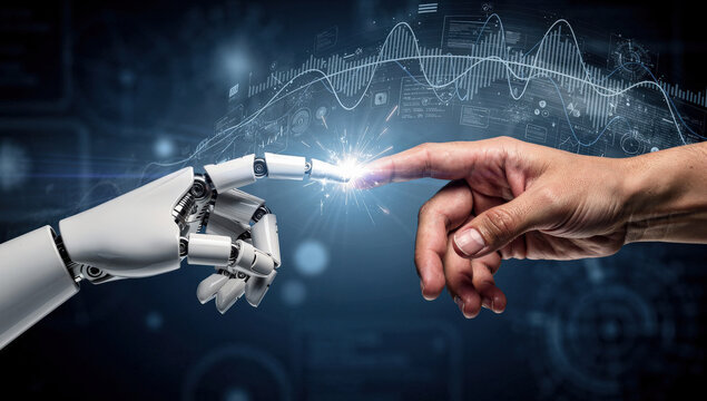 robotic hand and human hand touching fingertips with glowing spark connection digital data visualization background