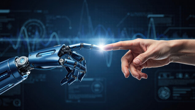 robotic hand and human hand touching fingertips with glowing spark connection digital data visualization background