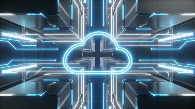 Floating translucent glass server architecture with luminous circuitry and blue white energy pulses creates futuristic cloud computing background with cinematic depth and minimalist design.