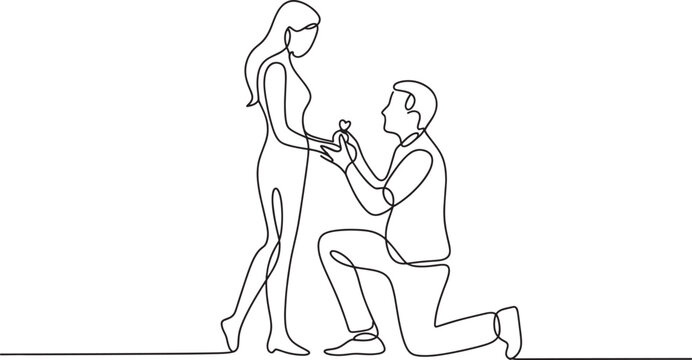 Single line drawing of man proposing to woman on transparent background.