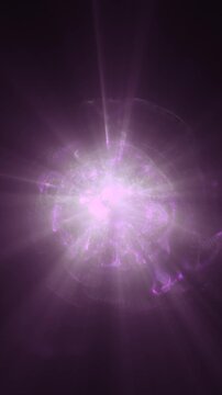 Abstract purple glowing energy sphere with soft particles, radiant light beams, and cosmic plasma aura on a dark background.