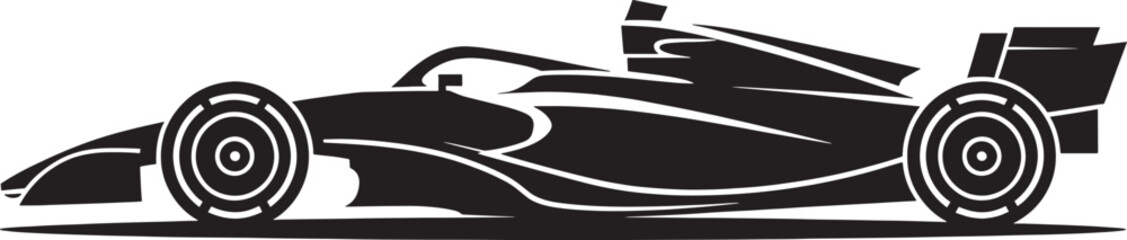 Obraz premium Stylized black silhouette of a modern formula one racing car side view on white background vector graphic.
